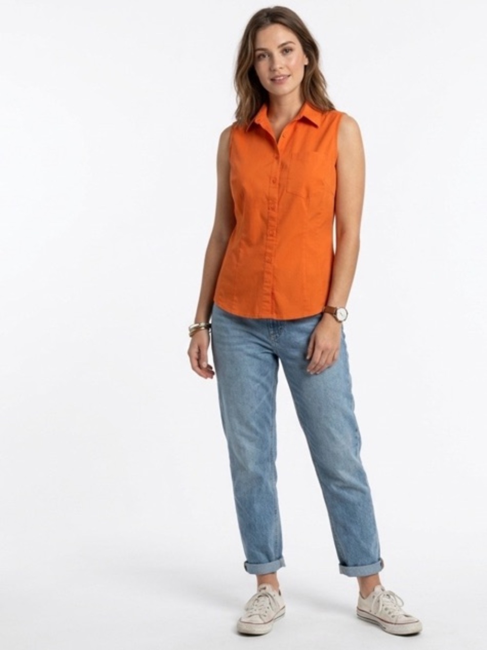 Worthington Sleeveless Button Down Blouse Orange Size S Stretch Cotton